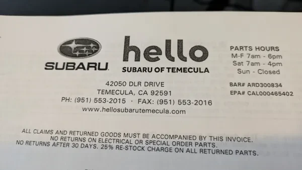 Hello Subaru of Temecula Parts Dept. - photo 2